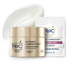 RoC Deep Wrinkle Rich Cream jar front showing fragrance-free, dermatologist-tested formula.