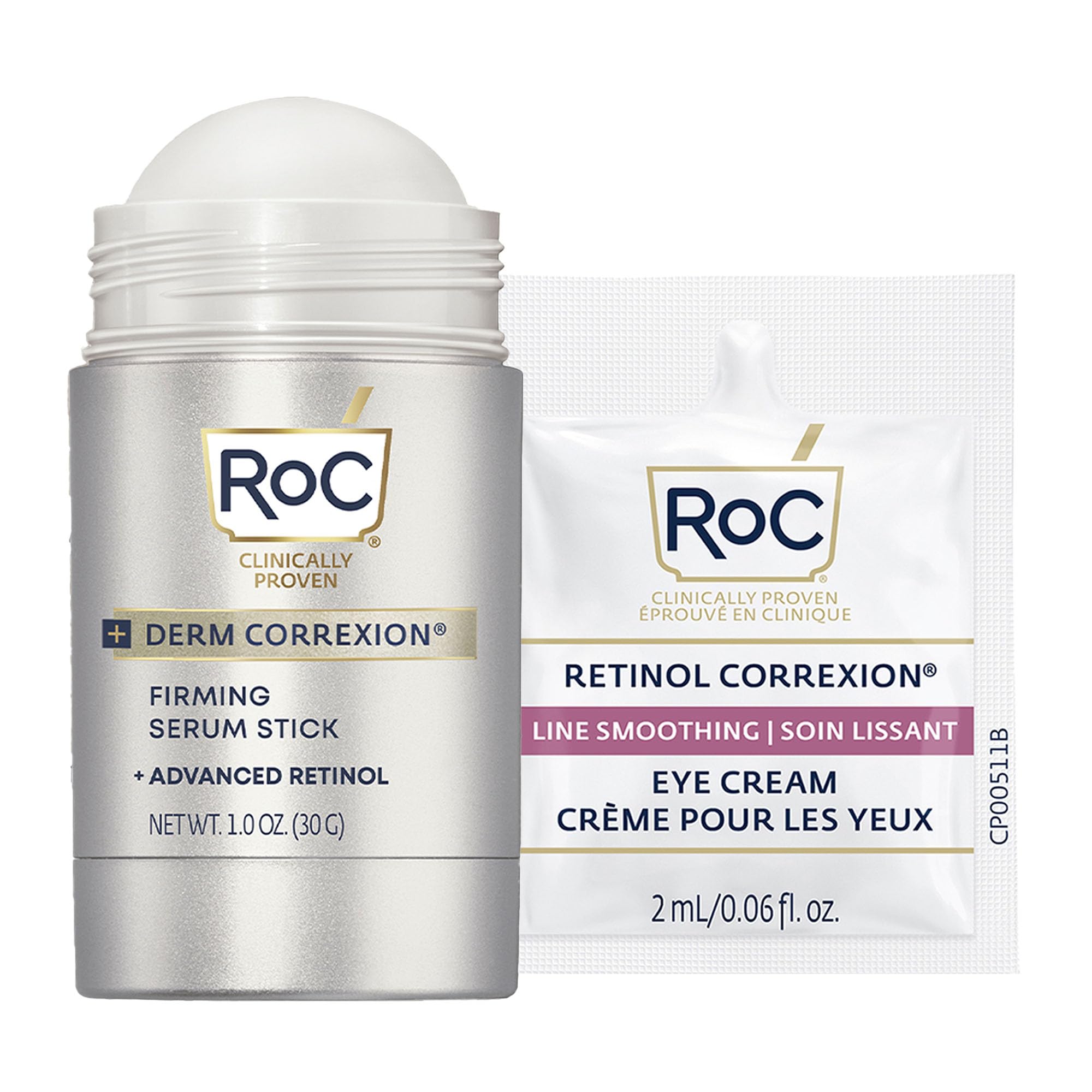 RoC Derm Correxion Retinol Firming Serum Stick applied to jawline for firmer-looking skin.