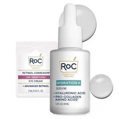 RoC Hydration+ Serum bottle closeup showing lightweight, fragrance-free hydration