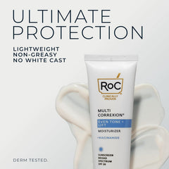 RoC Multi Correxion SPF 30 daily moisturizer tube delivers lightweight, non-greasy protection.