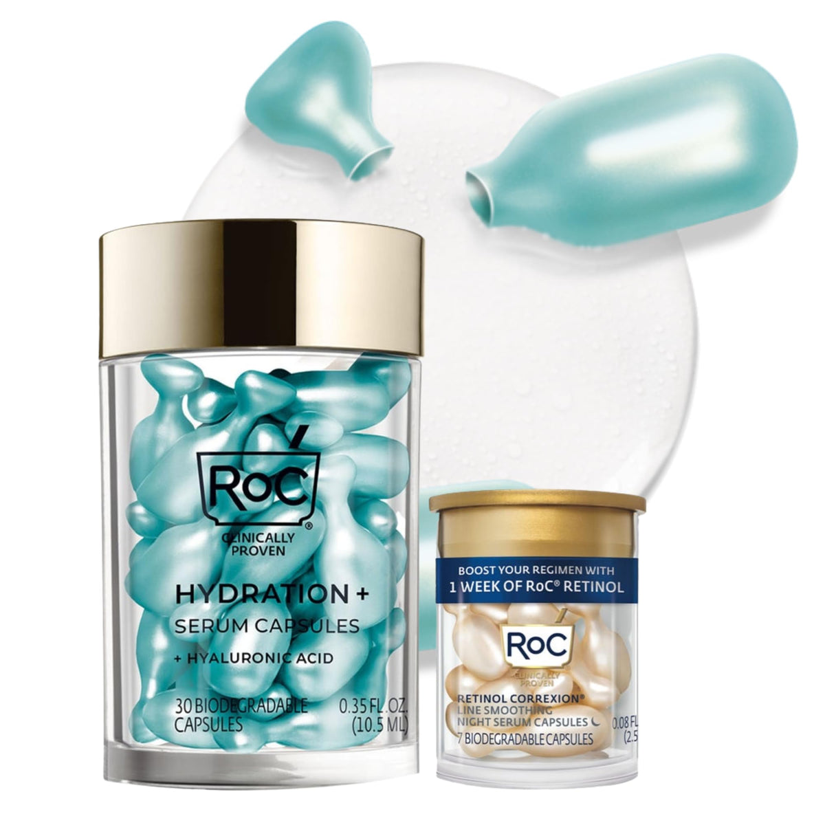 RoC Multi Correxion Hyaluronic Night Serum Capsules bottle with hydration droplets