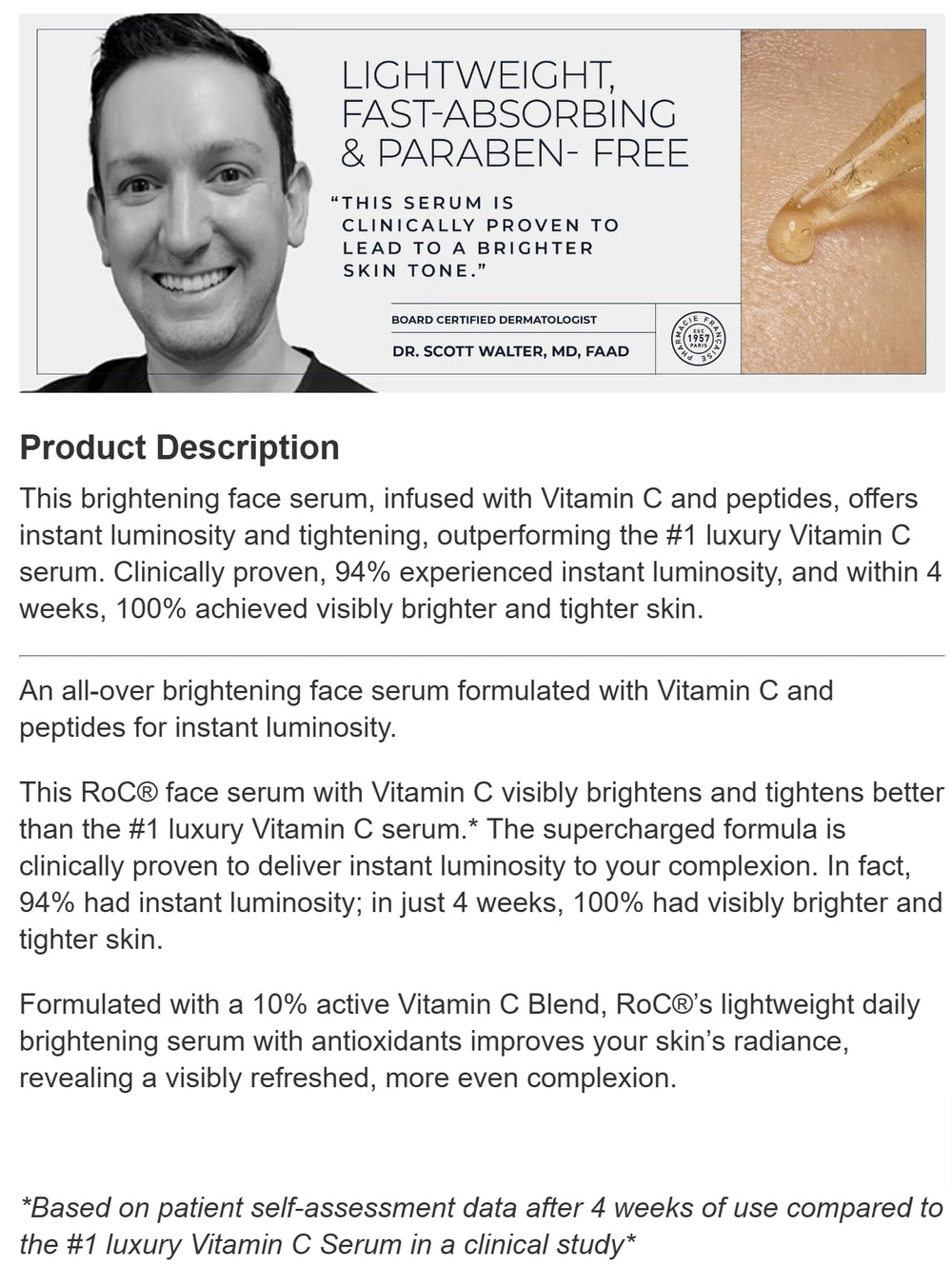 Close-up of RoC label emphasizing vitamin C brightening benefits