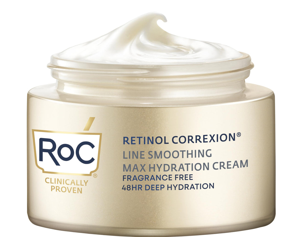 RoC Retinol Correxion Max Hydration cream jar shows fragrance-free daily moisture for dry skin