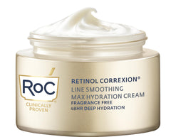 RoC Retinol Correxion Max Hydration cream jar shows fragrance-free daily moisture for dry skin