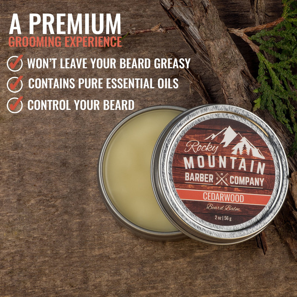 Rocky Mountain Barber Company Beard Balm 2oz tin for on-the-go use.
