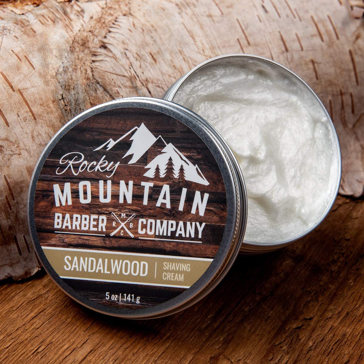 Rocky Mountain Barber Co sandalwood shaving cream close-up showing creamy texture