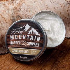 Rocky Mountain Barber Co sandalwood shaving cream close-up showing creamy texture