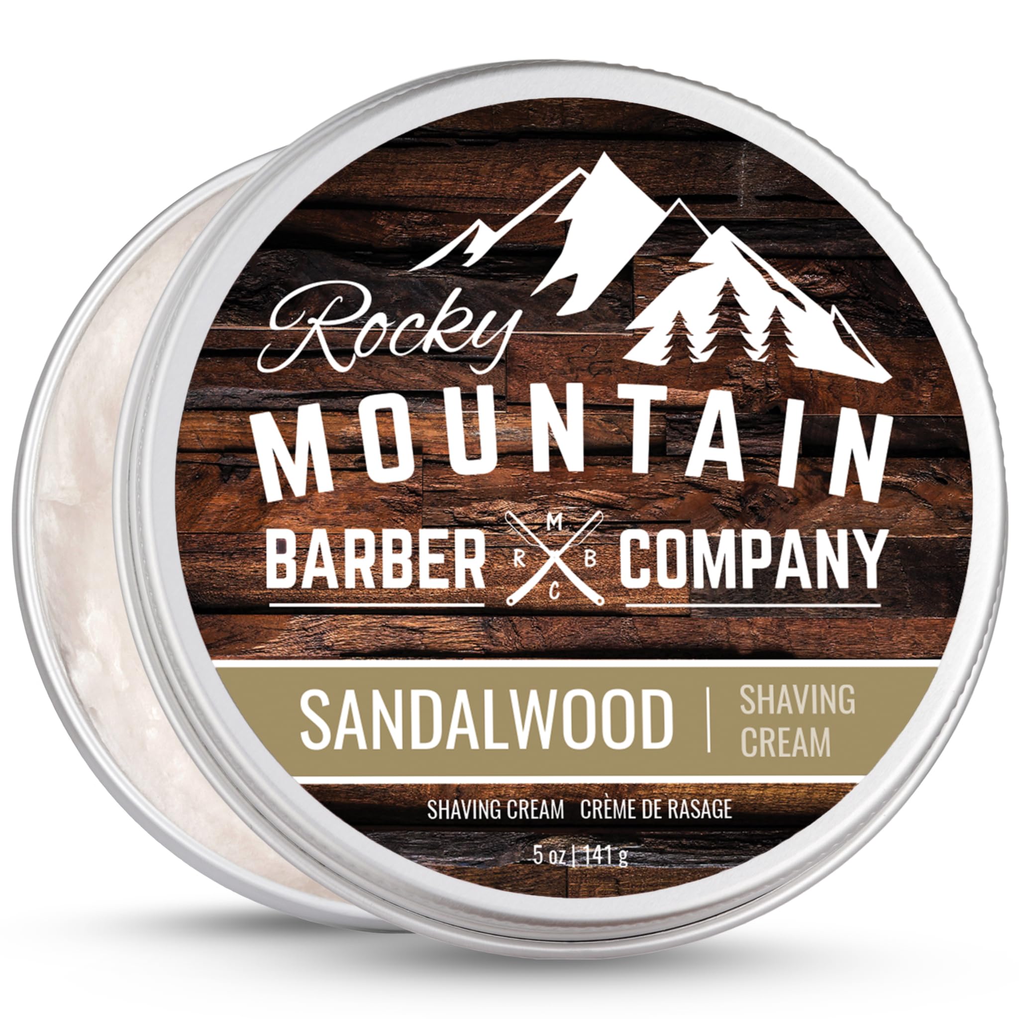 Rocky Mountain Barber Co shaving cream sandalwood tin front view for traditional shaving