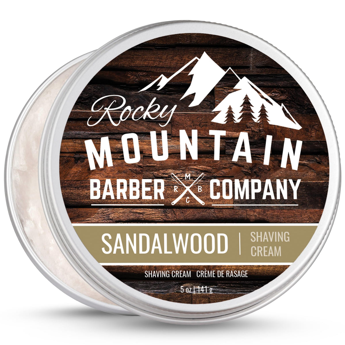 Rocky Mountain Barber Co shaving cream sandalwood tin front view for traditional shaving