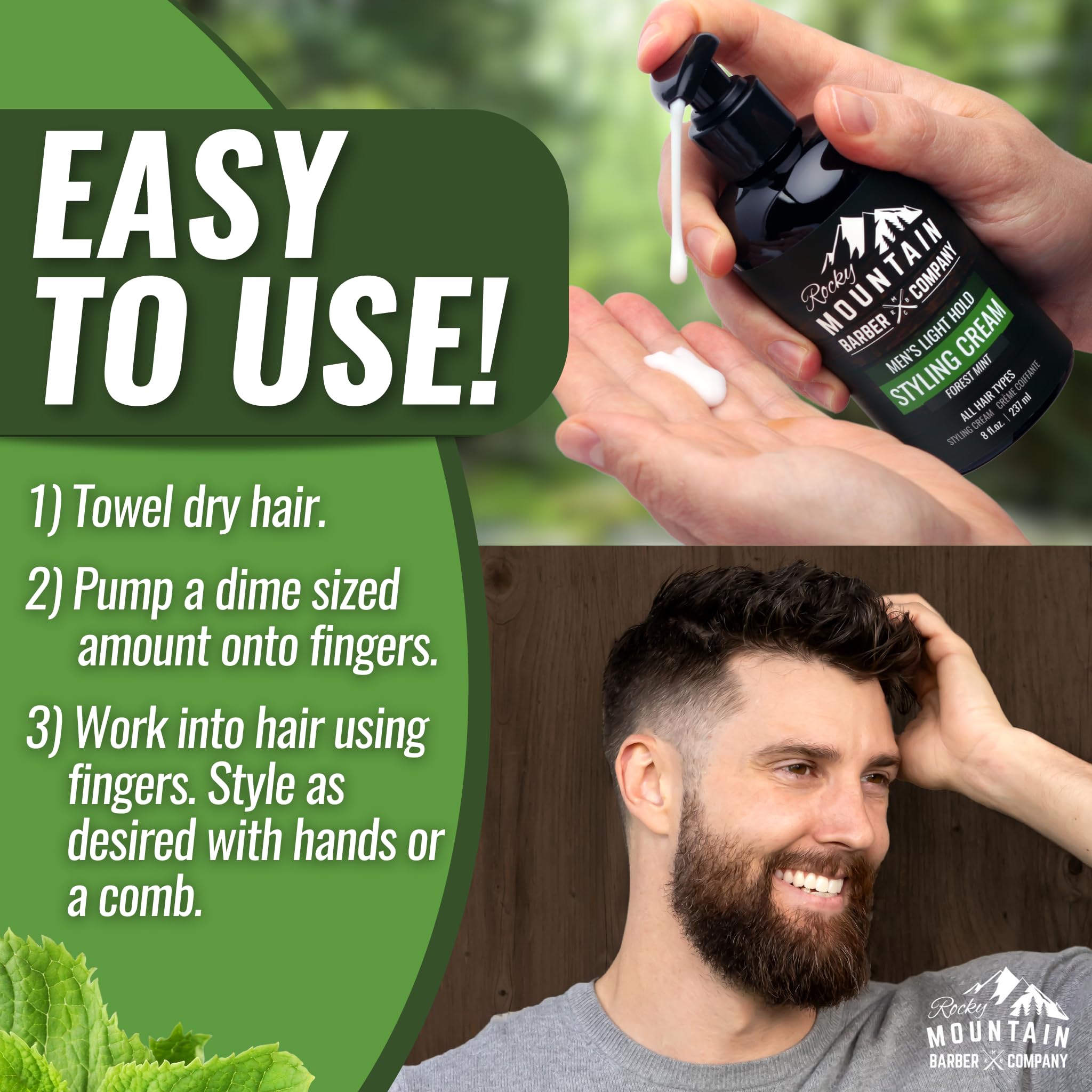 Rocky Mountain Barber Company crema con aceites naturales para cabello hidratado.