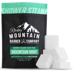 Pastillas Mountain Mint de Rocky Mountain Barber Company, envueltas individualmente para frescura duradera en la ducha.