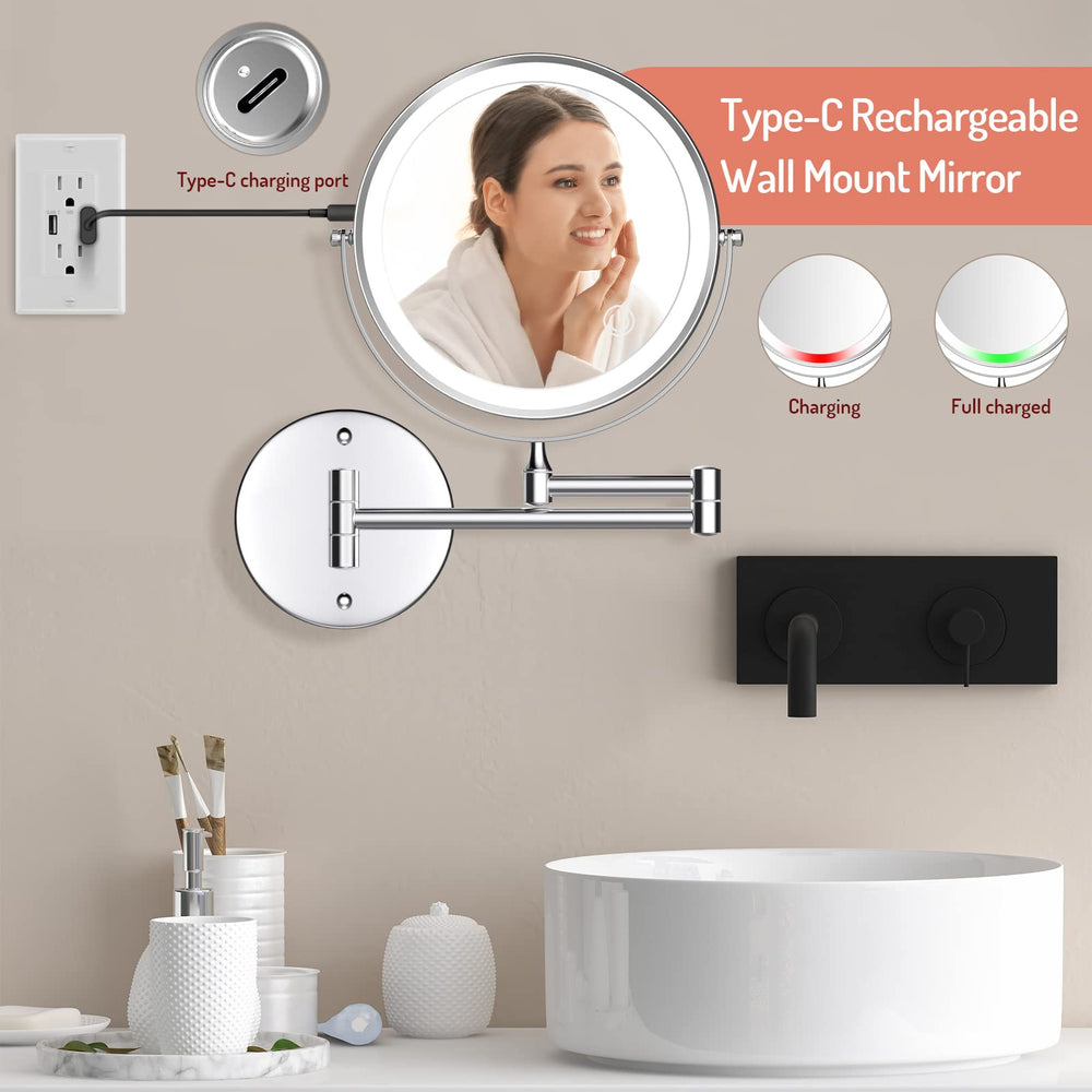 Rocollos double-sided LED makeup mirror shows 1X and 10X details for precision