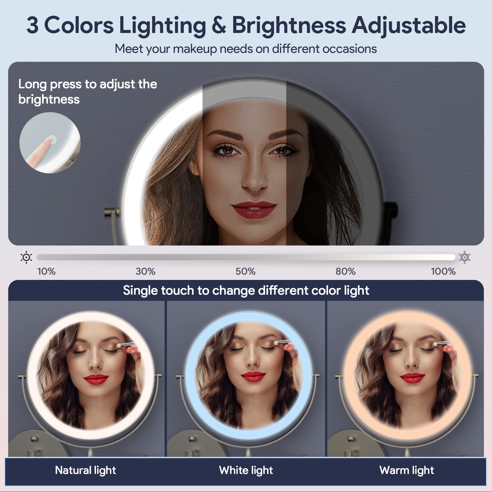 Rocollos vanity mirror with three color LEDs for versatile lighting scenarios