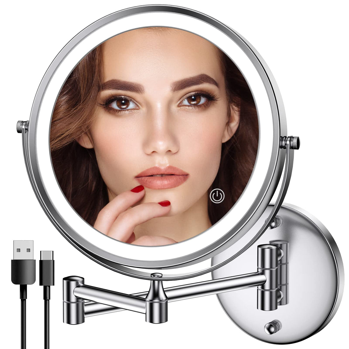 Rocollos 8-inch rechargeable wall mirror for everyday makeup with clear 1X view