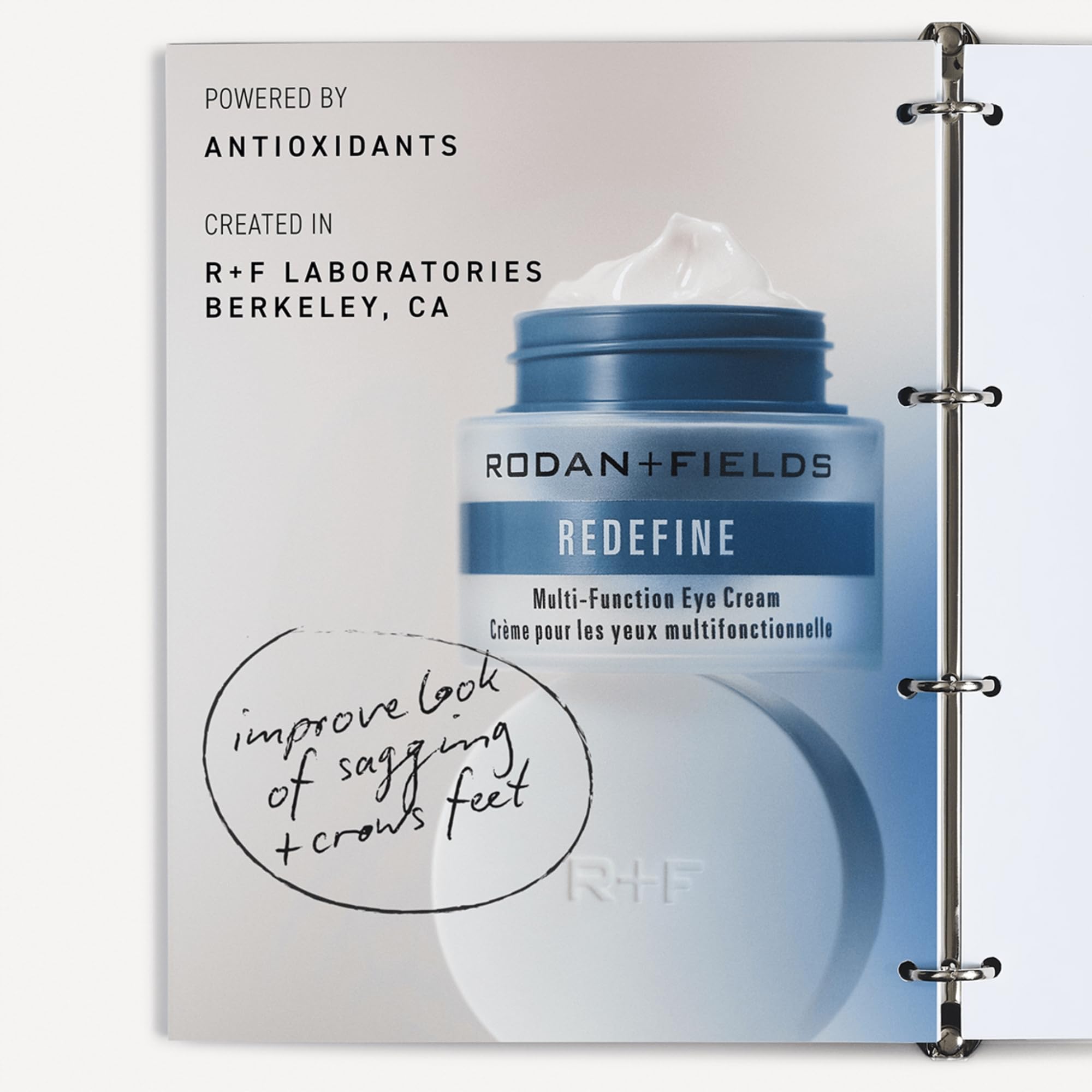 RODAN + FIELDS ReDefine Eye Cream packaging conveys premium care and safety for all skin types.