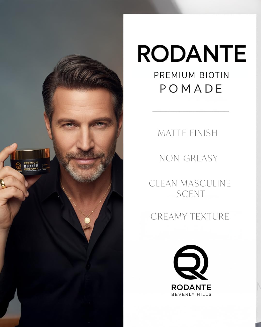 Rodante Beverly Hills Biotin pomade hands applying product for easy styling