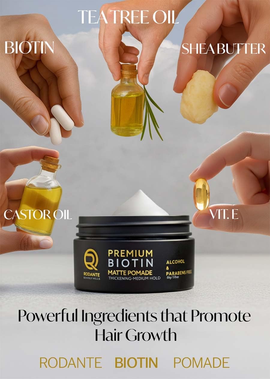 Rodante Beverly Hills Biotin pomade on styled hair with matte finish