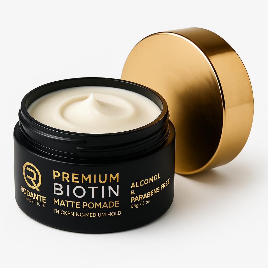 Rodante Beverly Hills Biotin pomade packaging with premium ingredients highlighted