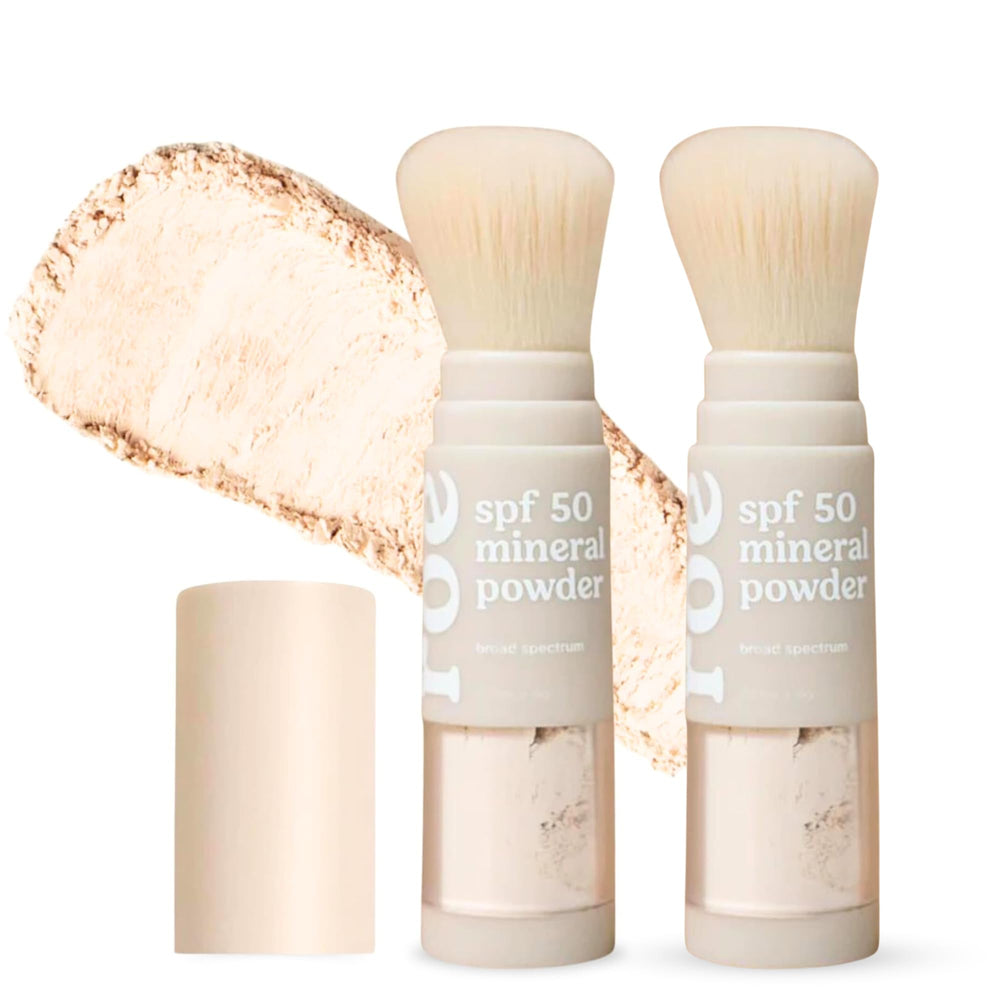 Roe Wellness kids SPF50 brush-on powder packaging highlights reef-safe sunscreen for family outings.
