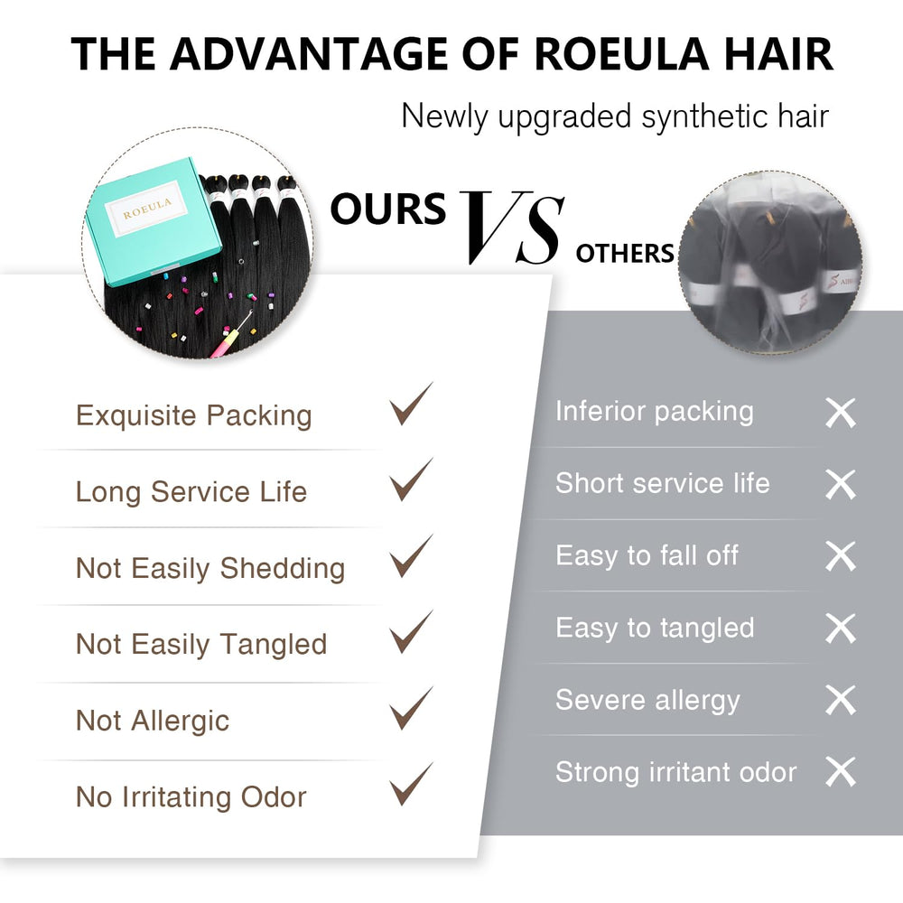 Roeula pre-stretched hair shows hot water styling option to switch looks easily.