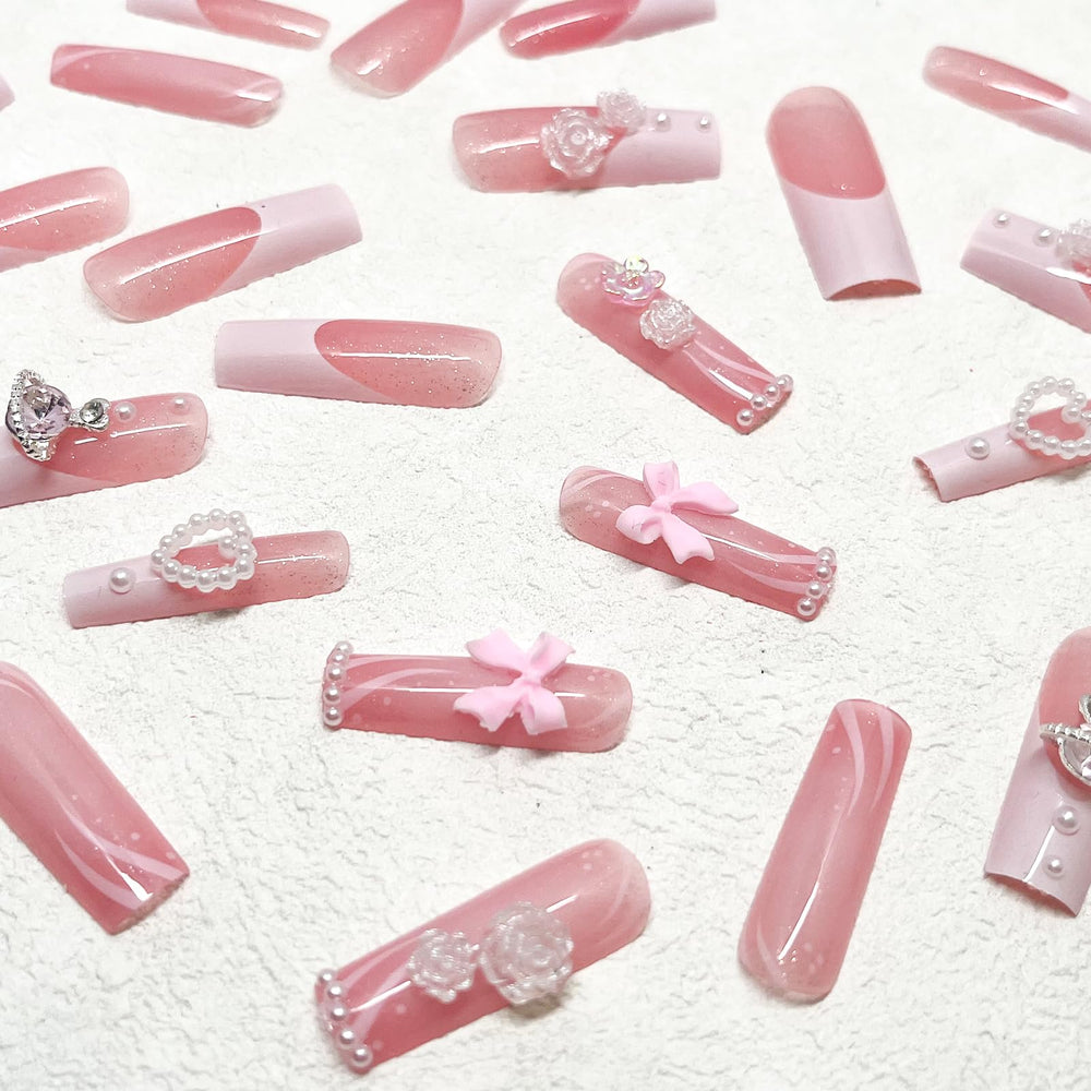 ROFIBUT uñas de cobertura completa rosa brillante con brillo