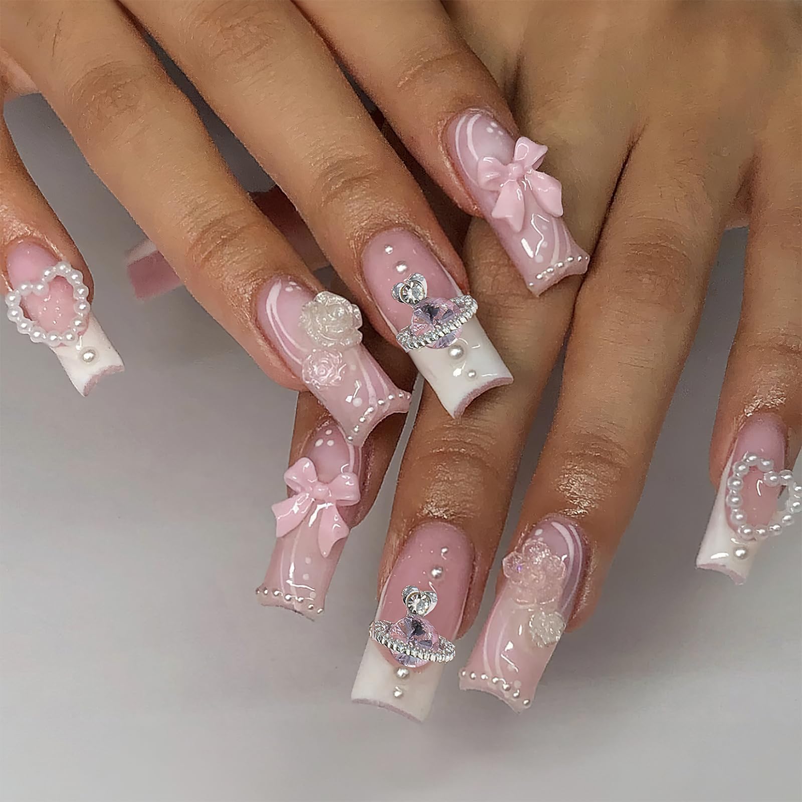 ROFIBUT uñas largas cuadradas francesas rosas para un look elegante