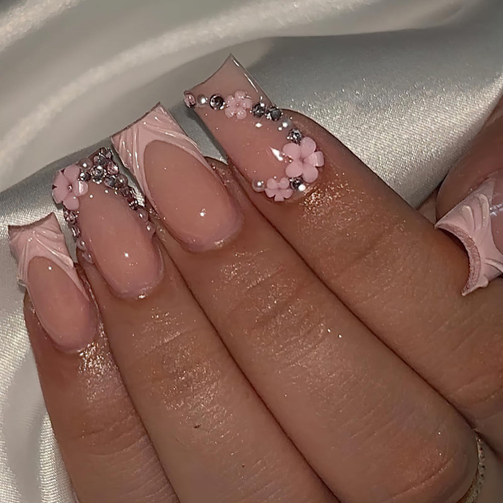 ROFIBUT medium square acrylic nails with rhinestones and floral accents for luxe style.