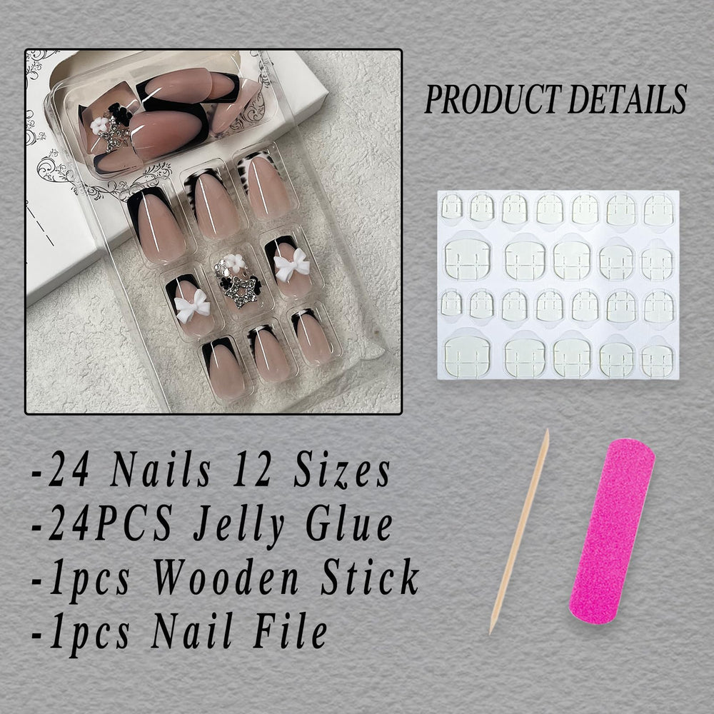ROFIBUT nails featuring bow charms and silver stars for sparkle.