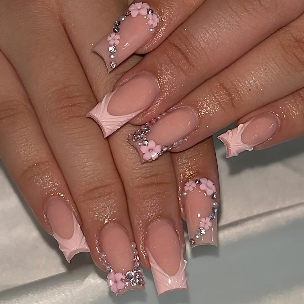 ROFIBUT pink 3D French tip nails with rhinestones for elegant daily wear.