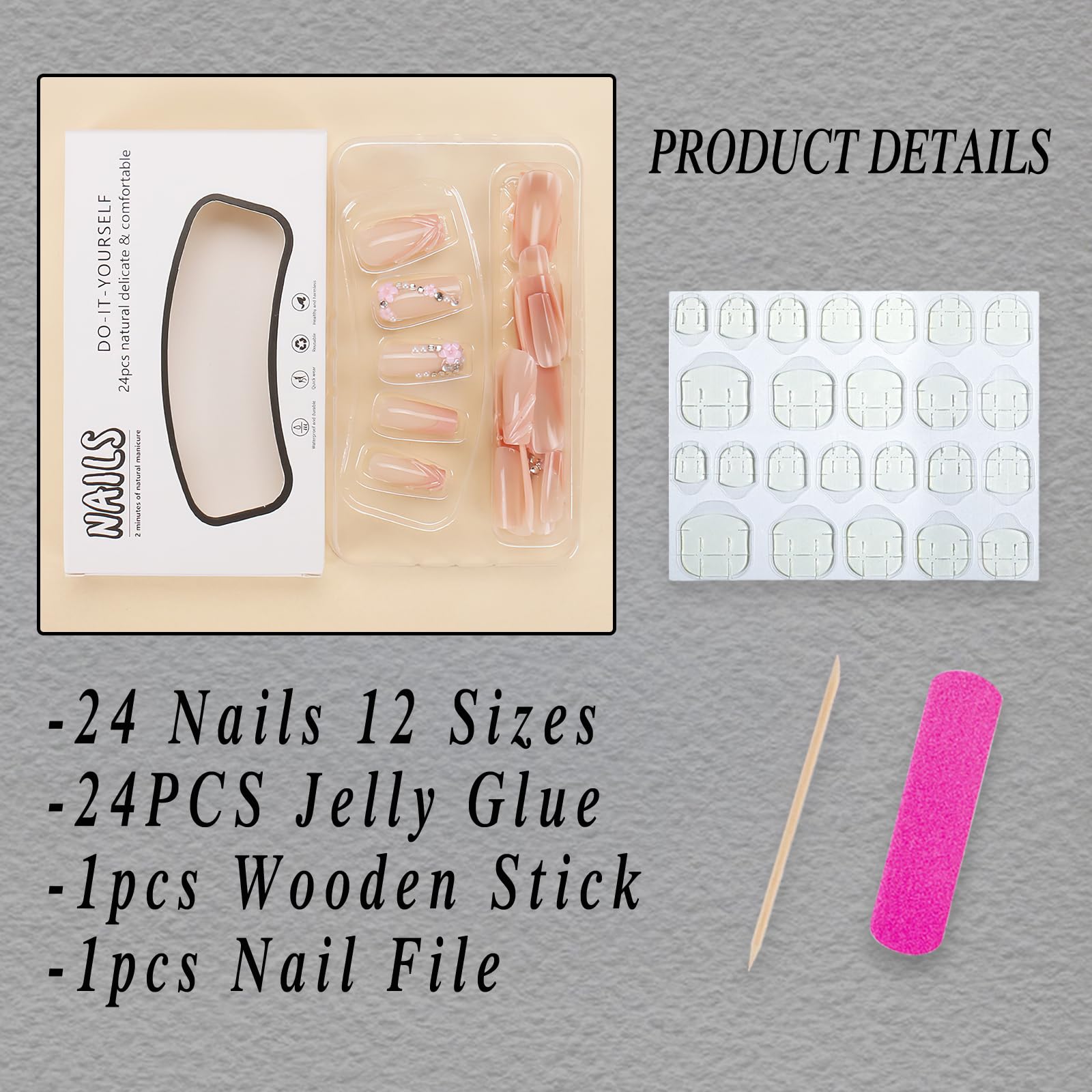 ROFIBUT glossy press-on nails with flower charms for quick at-home manicures.