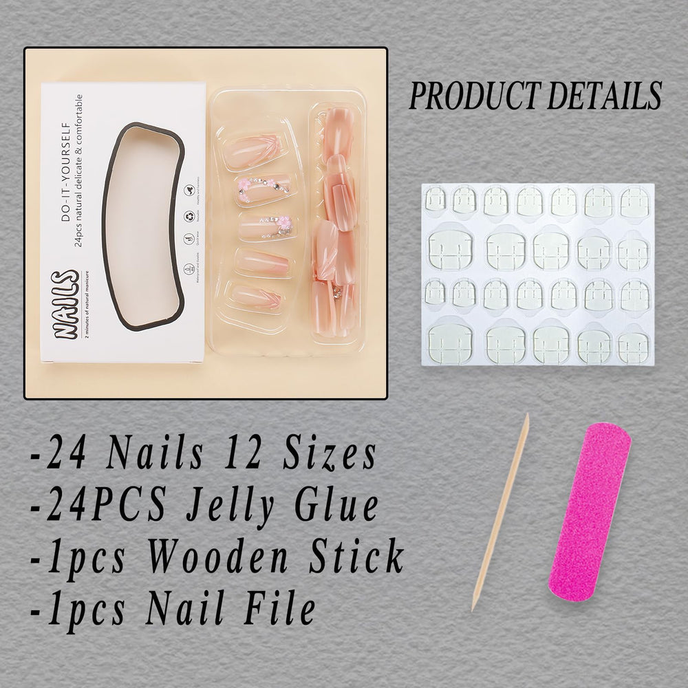 ROFIBUT glossy press-on nails with flower charms for quick at-home manicures.