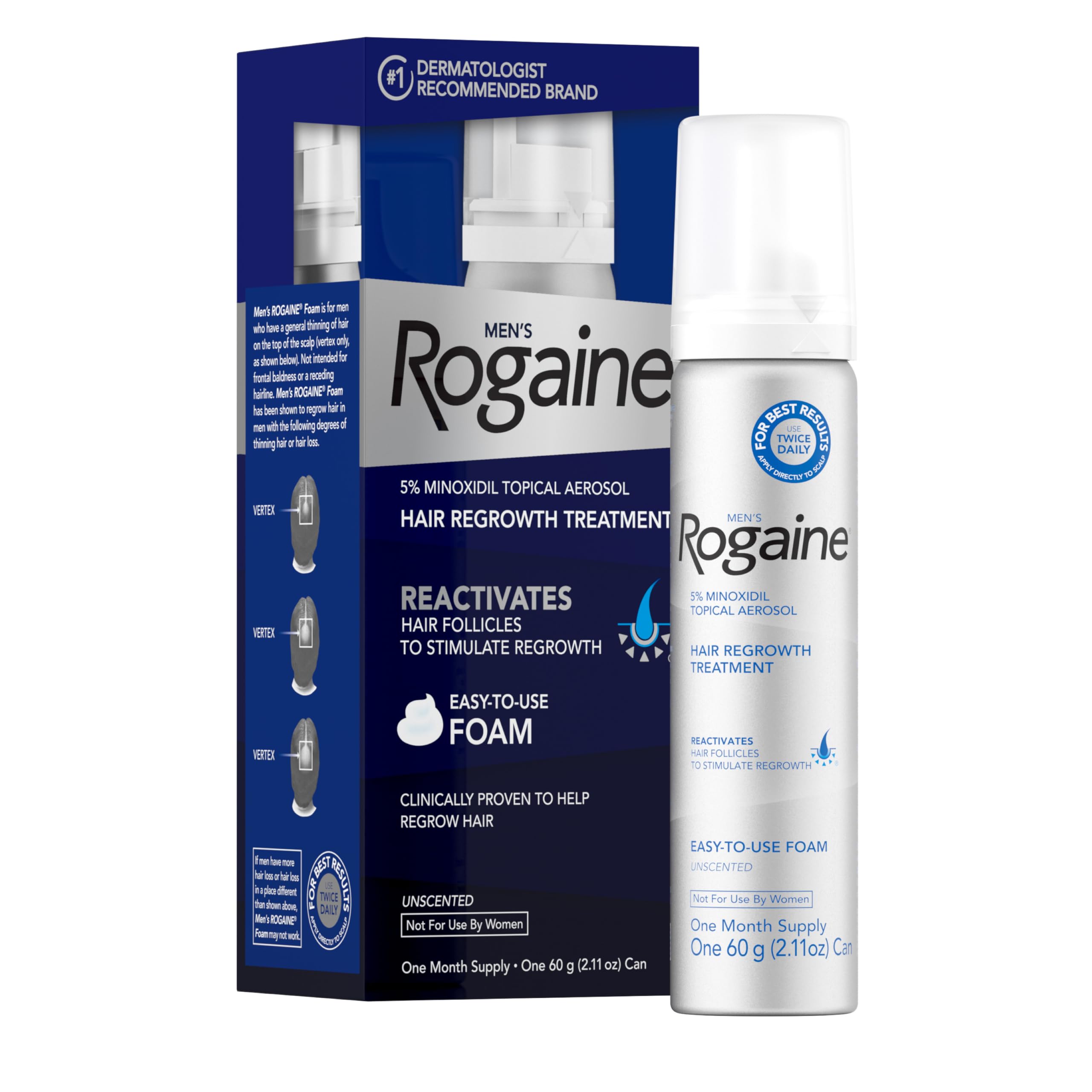 Rogaine 5% minoxidil foam bottle ready for daily use