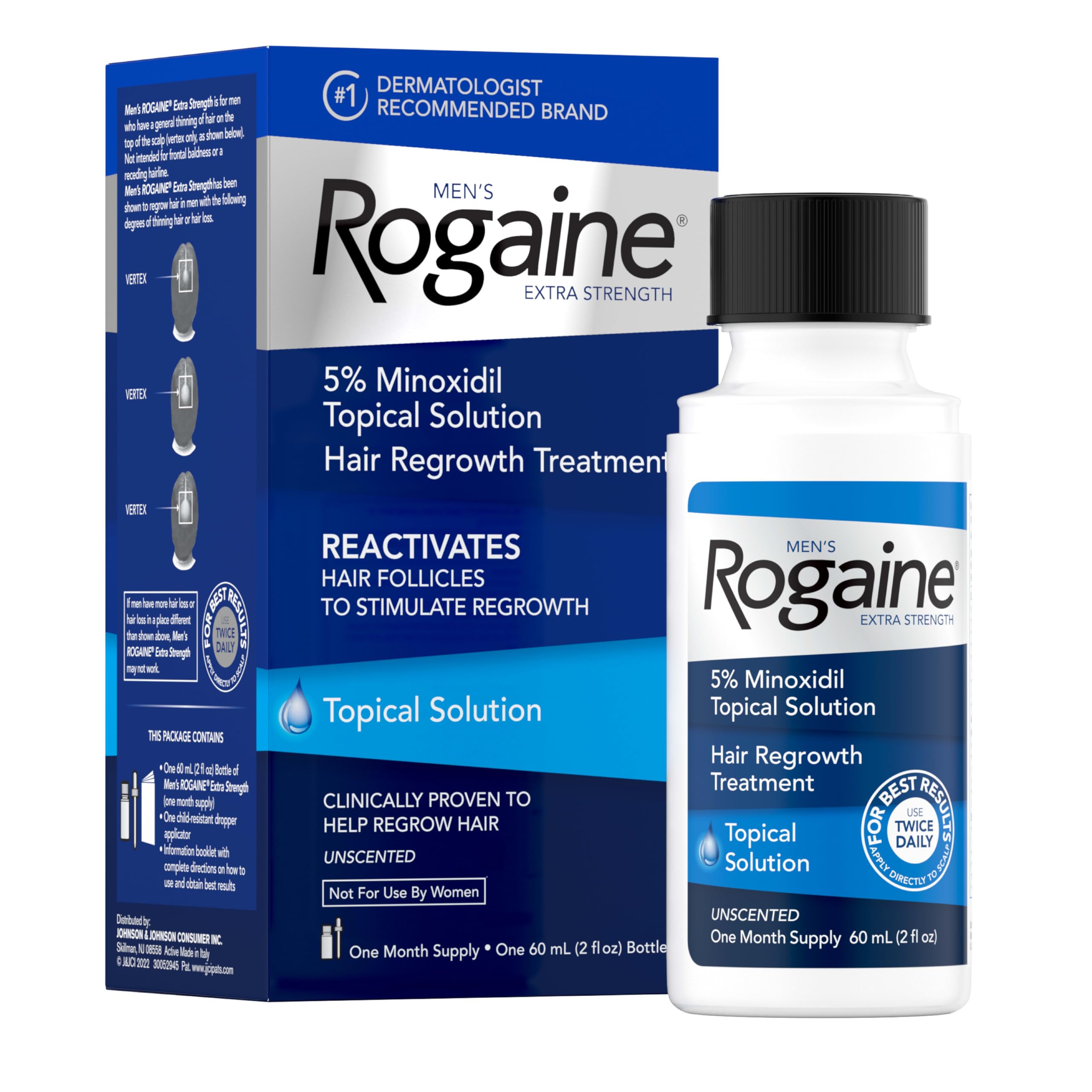 Rogaine extra-strength minoxidil bottle showing 2 oz size for home regrowth.