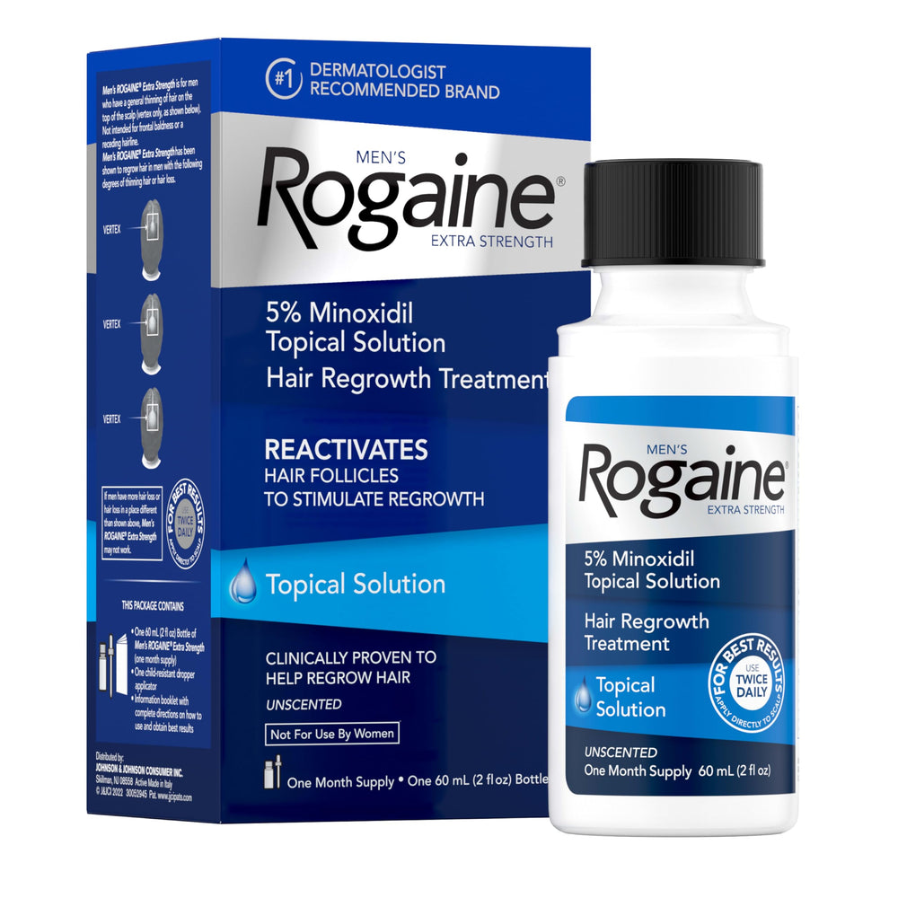 Rogaine extra-strength minoxidil bottle showing 2 oz size for home regrowth.