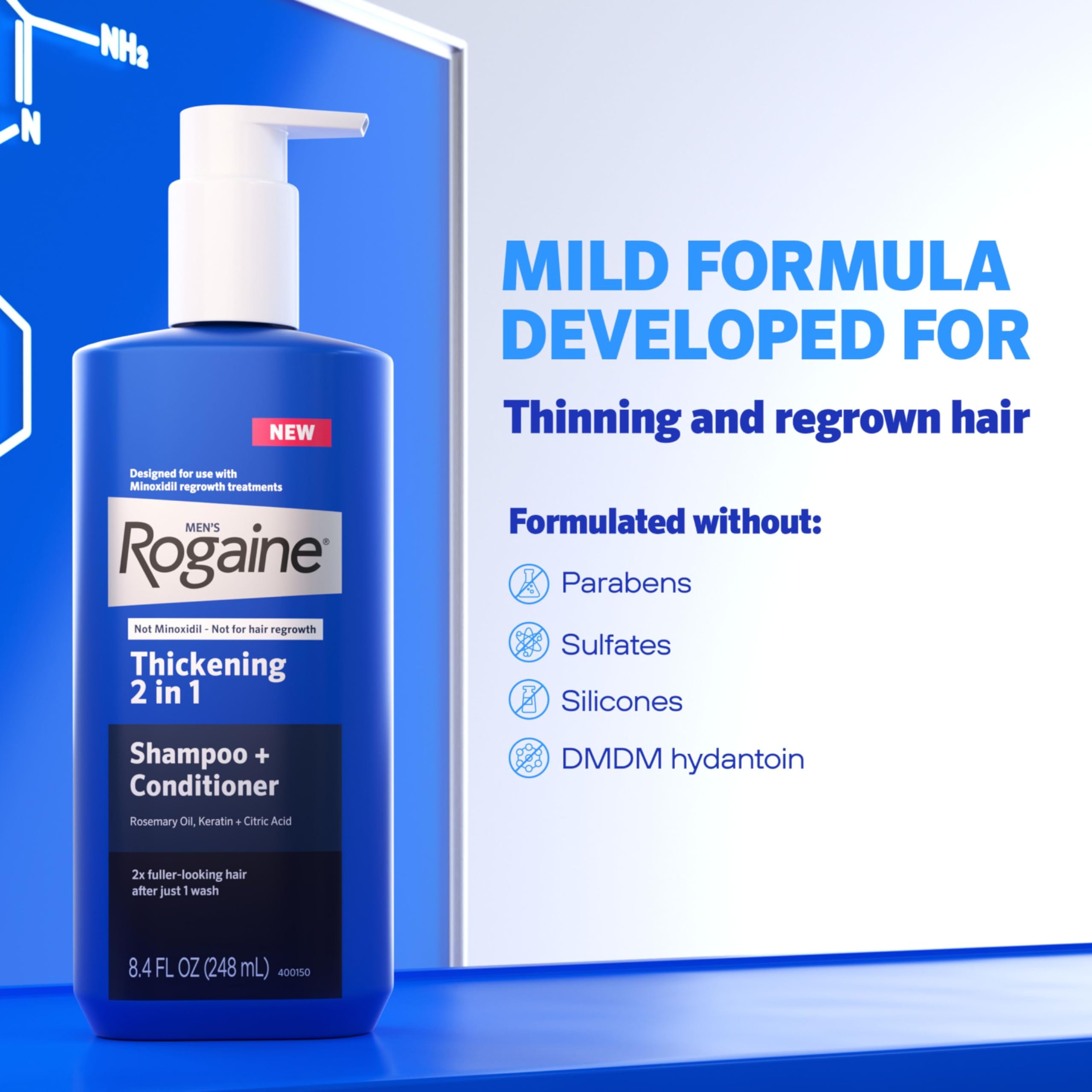 Rogaine engrosante ofrece volumen visual para cabello más denso.