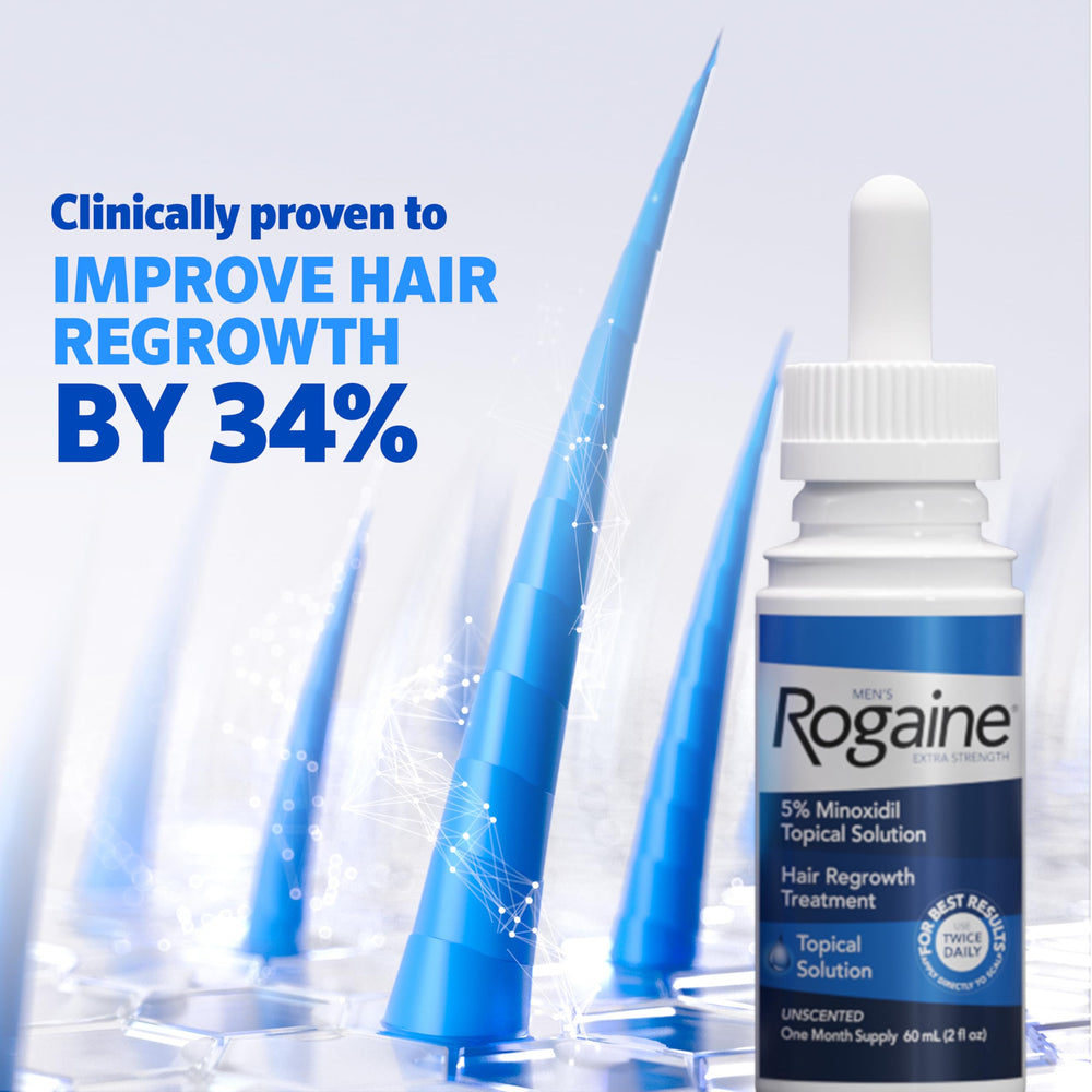 Rogaine Men’s Extra Strength 5% Minoxidil bottle label close-up highlighting unscented formula.