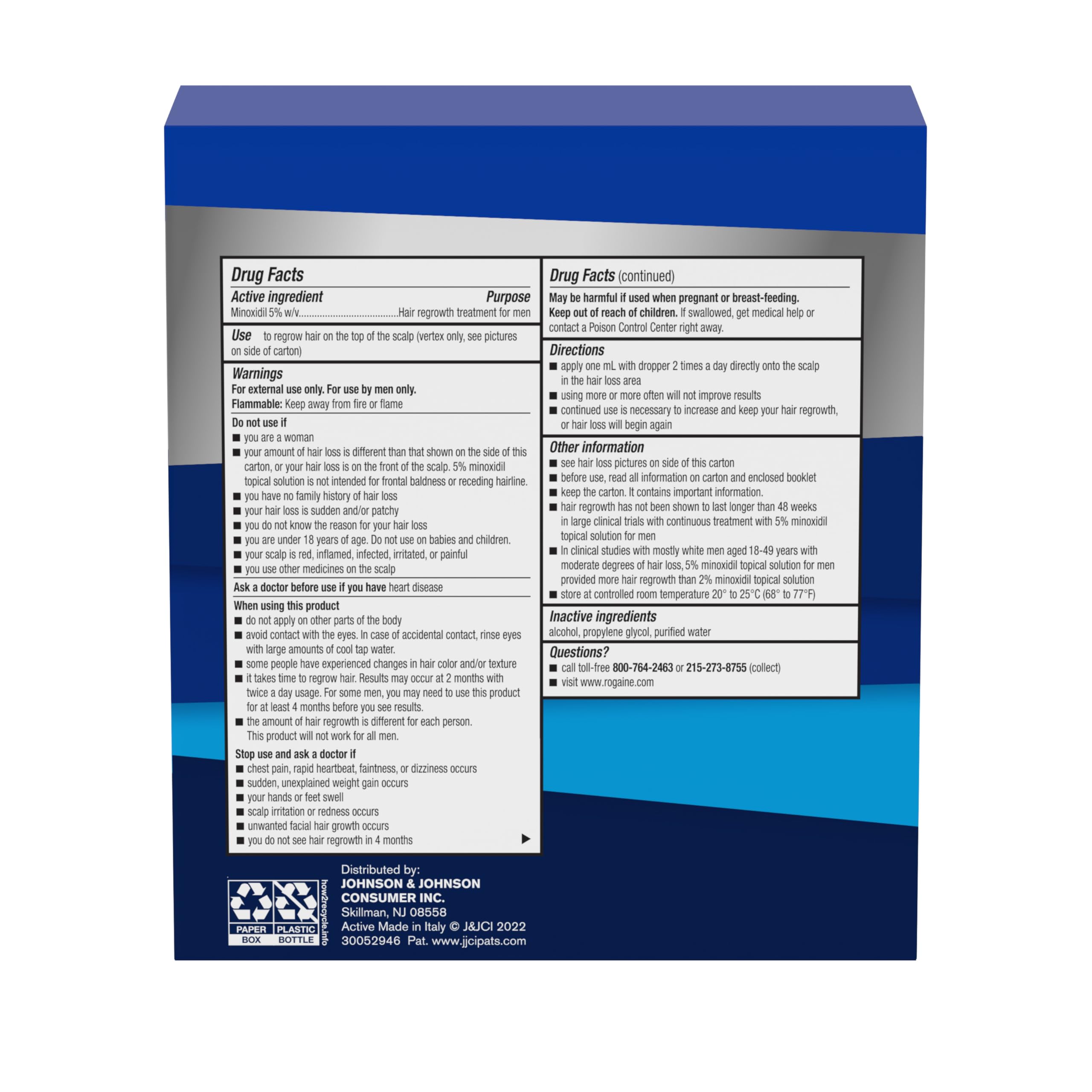Rogaine Men’s Extra Strength 5% Minoxidil packaging box display for daily regrowth routine.