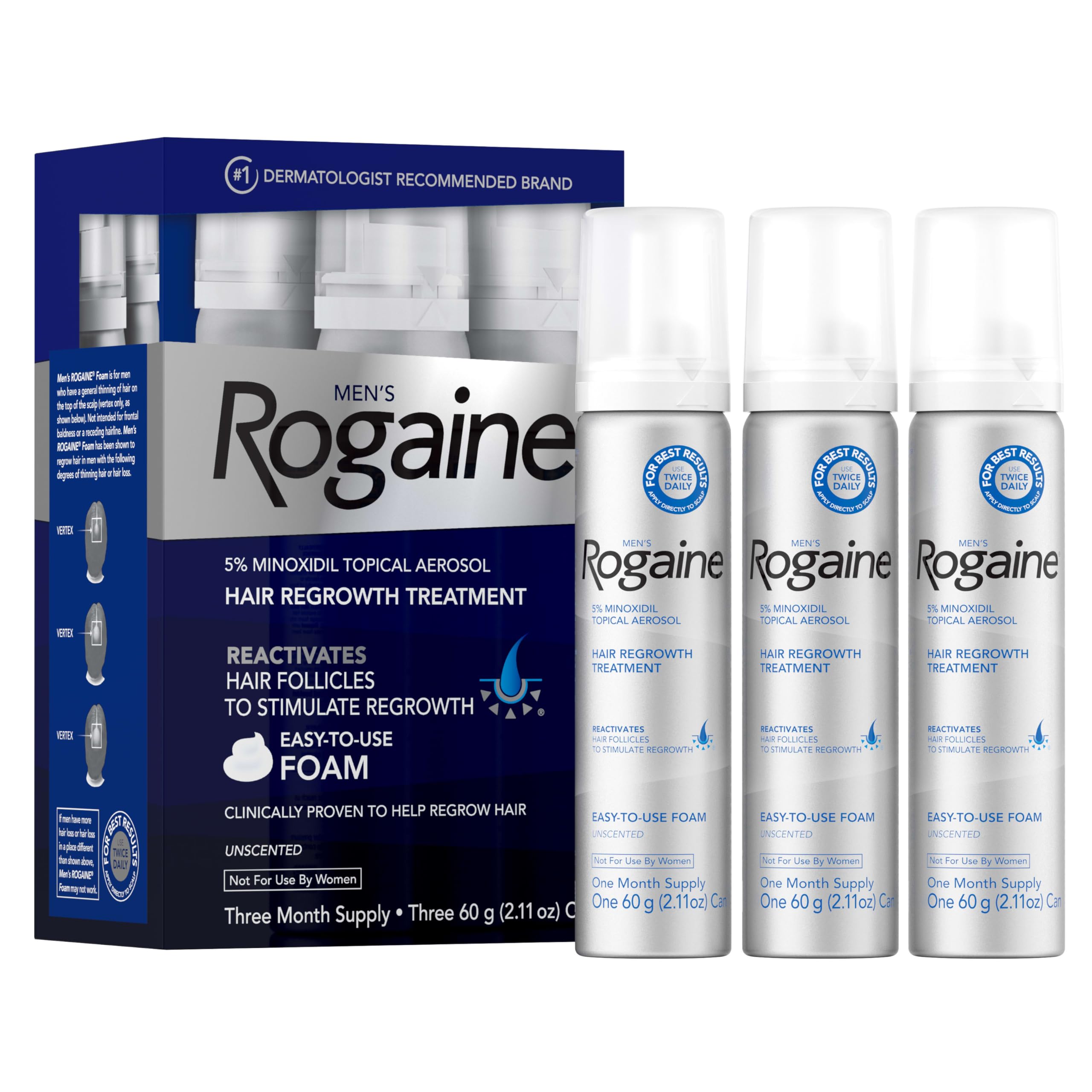 Rogaine Men five-percent Foam bottle pour shows easy dosing for scalp use