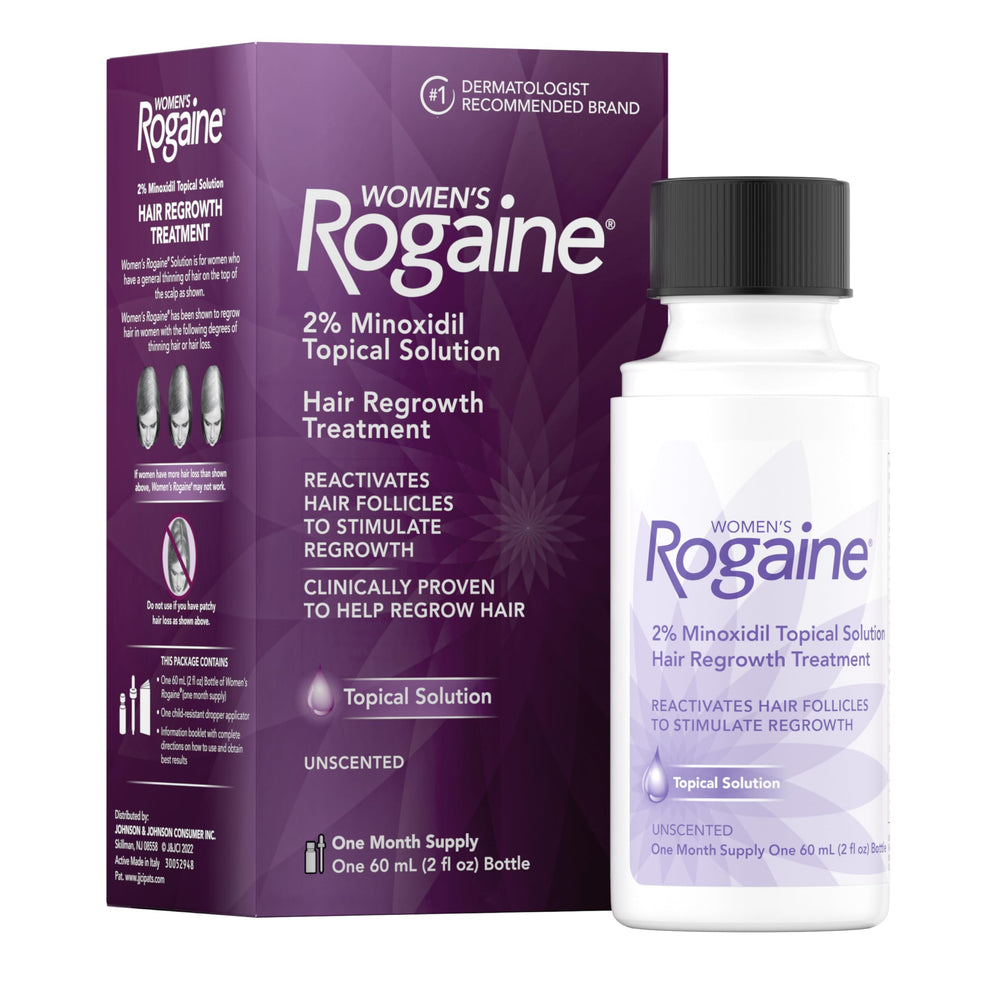 Rogaine Women's 2% Minoxidil bottle for daily scalp application to support regrowth