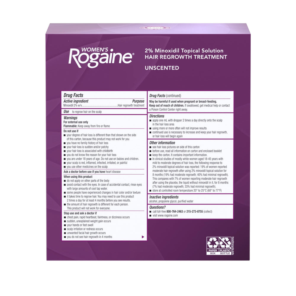 Rogaine 2% Minoxidil solution applied to thinning scalp areas for fuller look