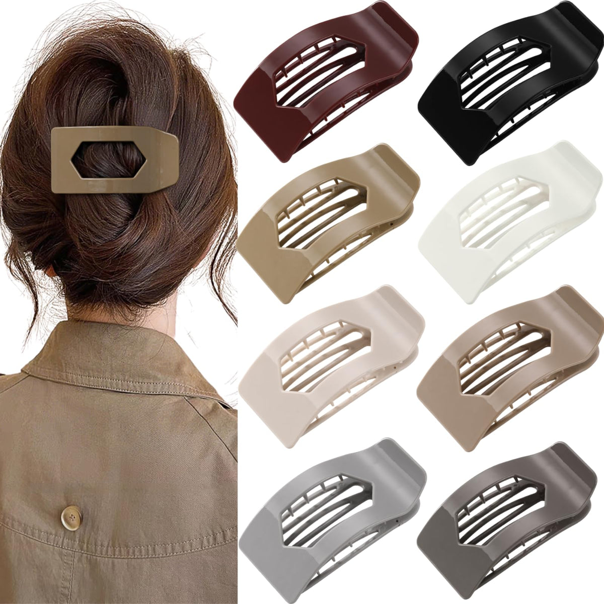 Rokateam glossy black flat clip secures all-day hold on hair.
