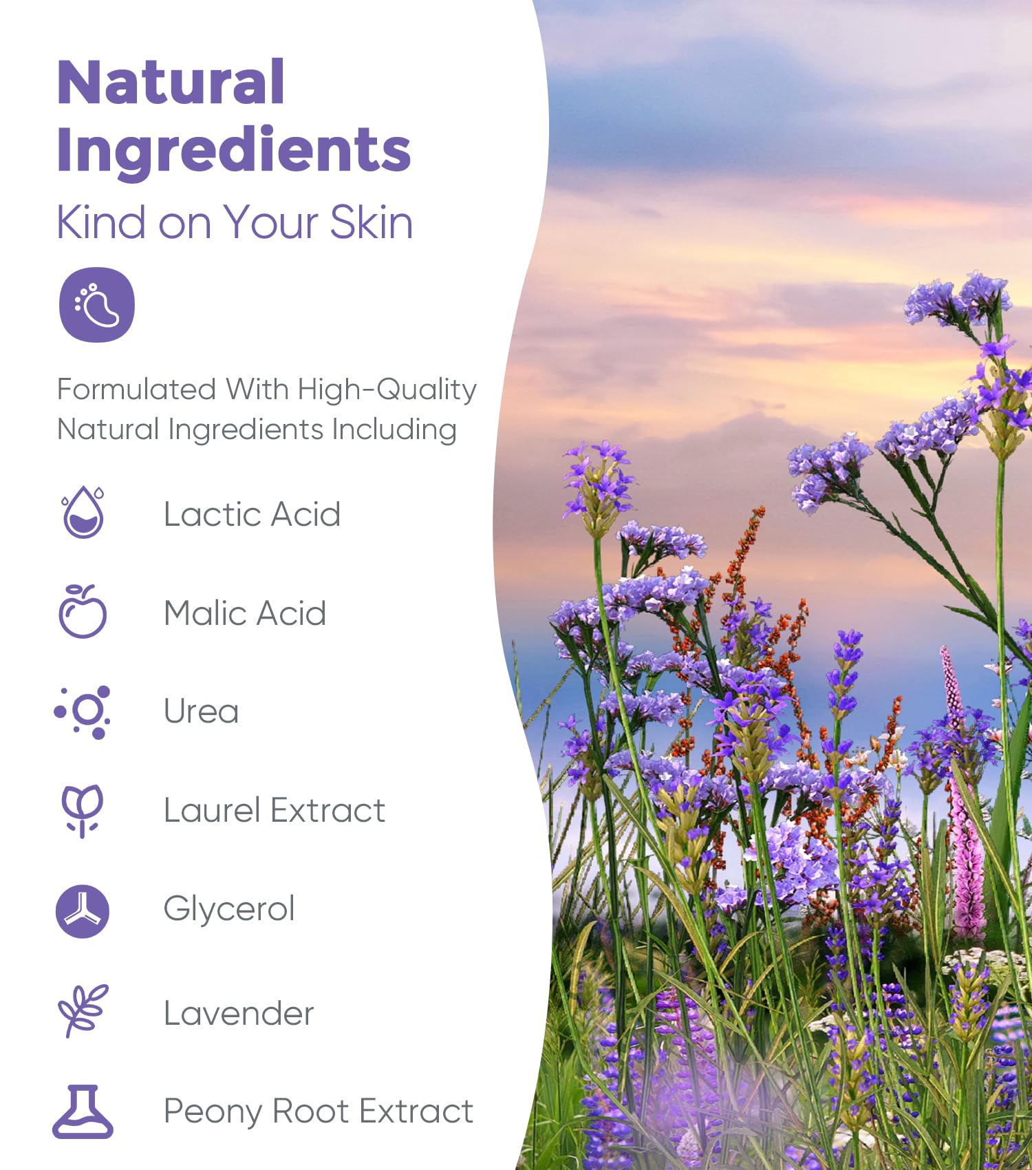 Pies envueltos en calcetines de lavanda Rokelos para exfoliación suave.