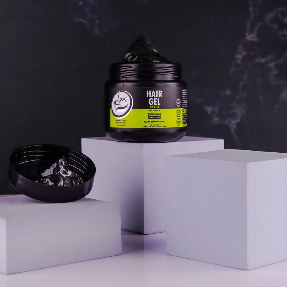 Rolda gel negro para hombres, efecto brillo húmedo sin residuos.