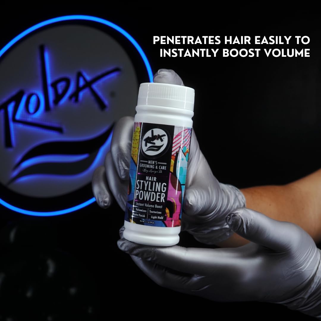 Rolda light-hold styling powder keeps hair in place with airy texture.