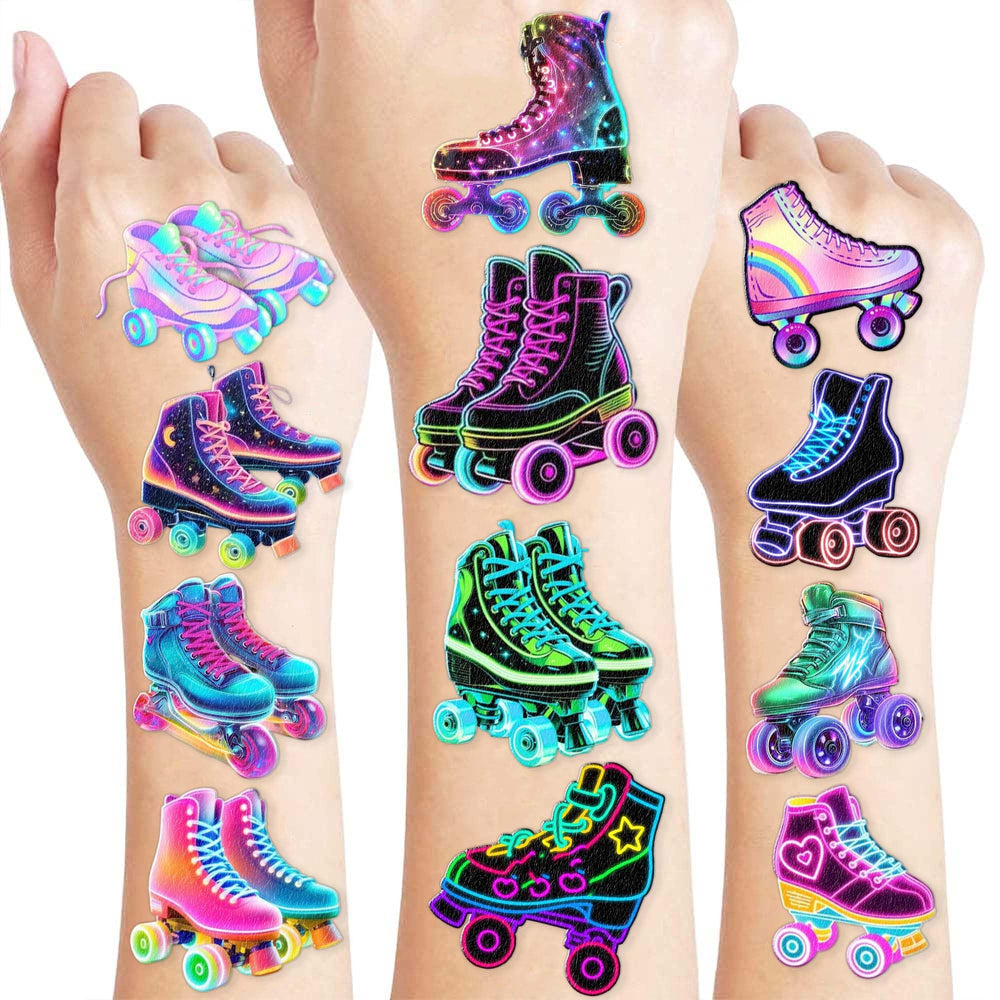 roller-skate-tattoos neon-sheets showcase vibrant retro designs for parties