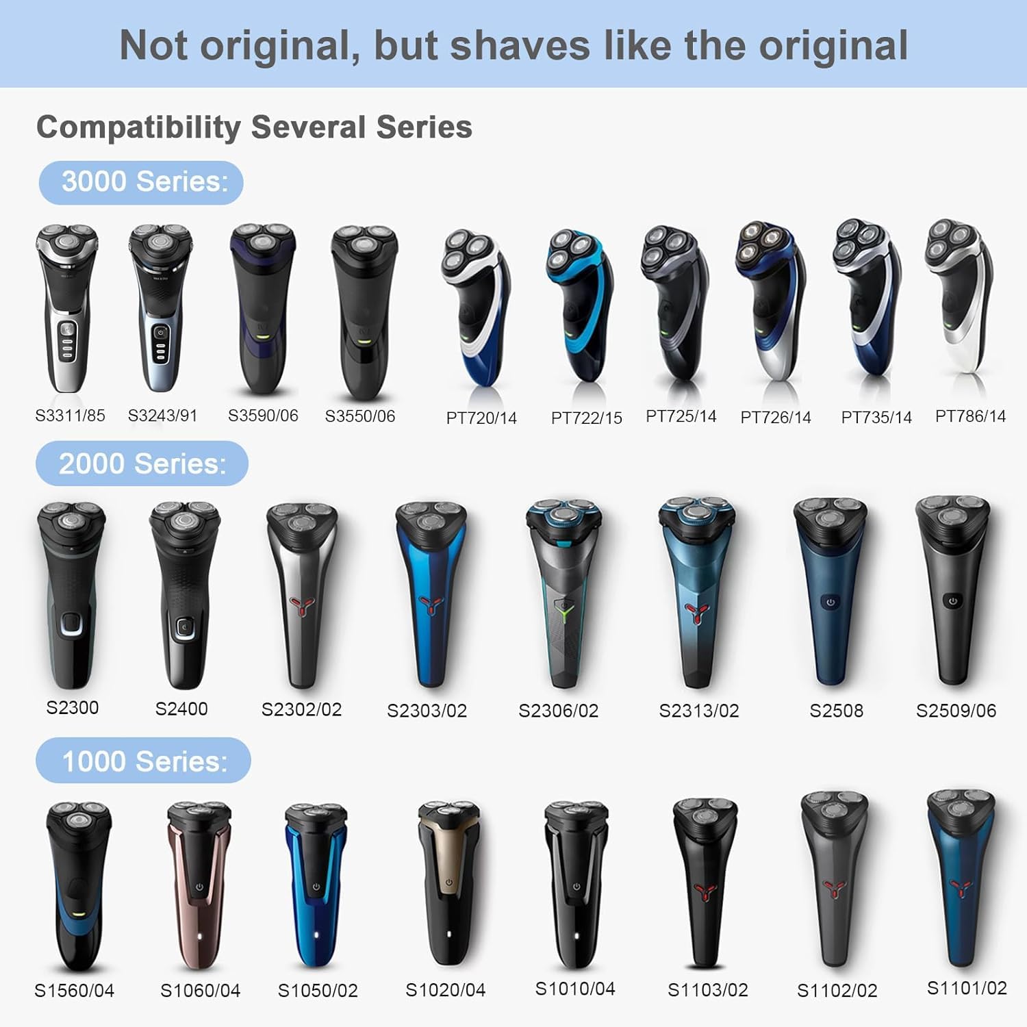 Close-up of SH30 replacement heads showing rounded edges for skin-friendly shaves.
