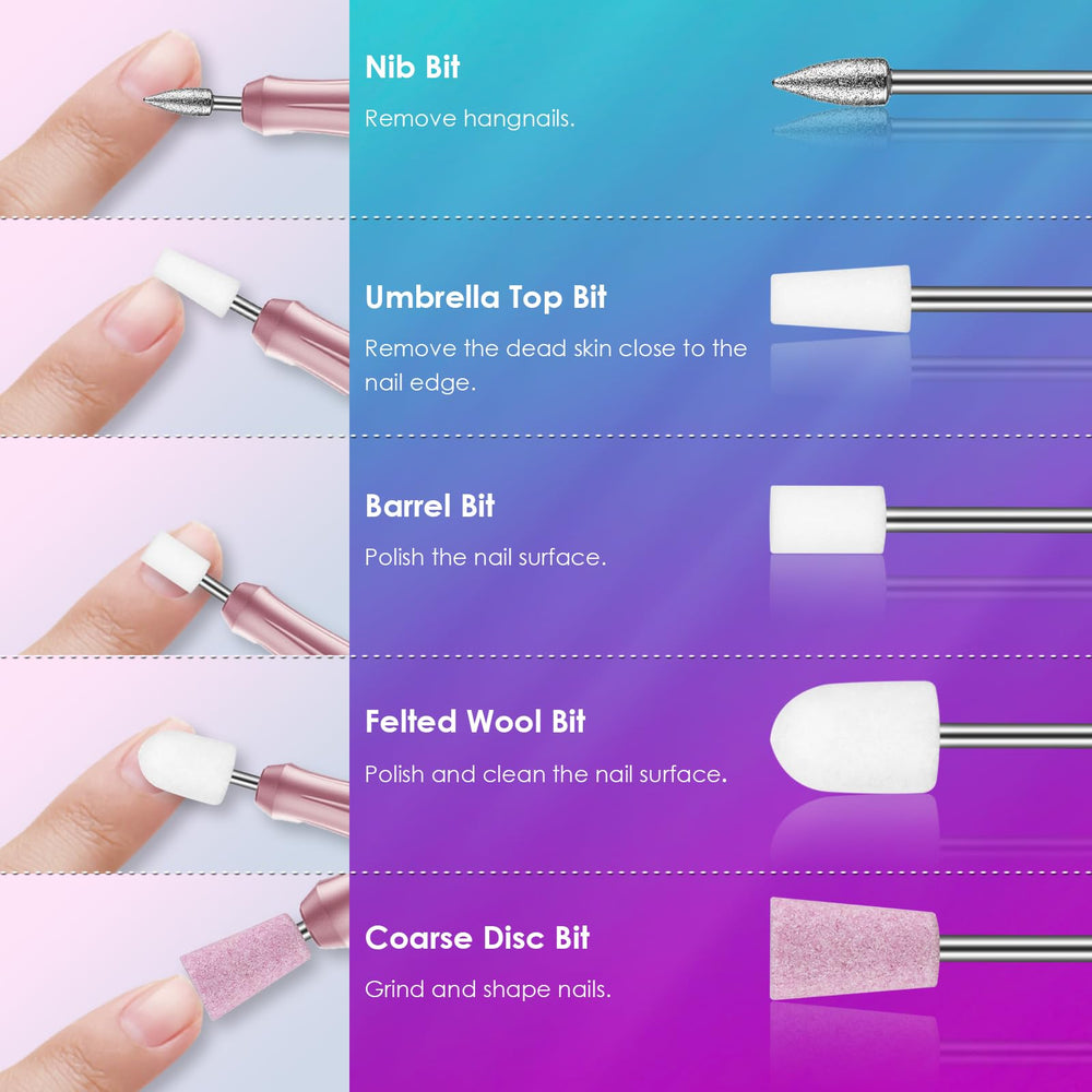 Rolokit cuticle drill bits collection for efficient cuticle tidying and shaping.