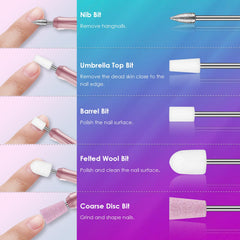 Rolokit cuticle drill bits collection for efficient cuticle tidying and shaping.