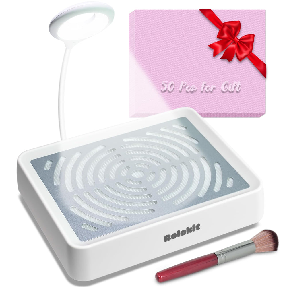 Rolokit Nail Dust Collector with Lamp, front view, improving workspace visibility for precise nail art.