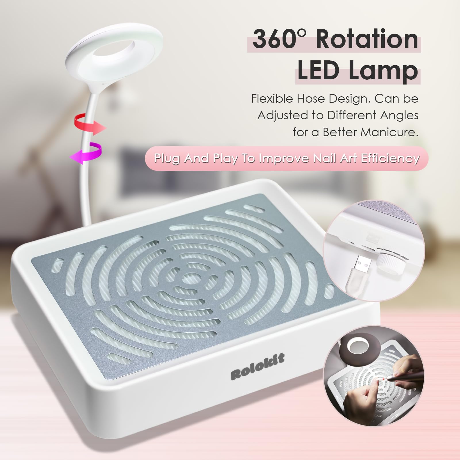 Rolokit nail dust collector side view shows compact footprint for small studios.